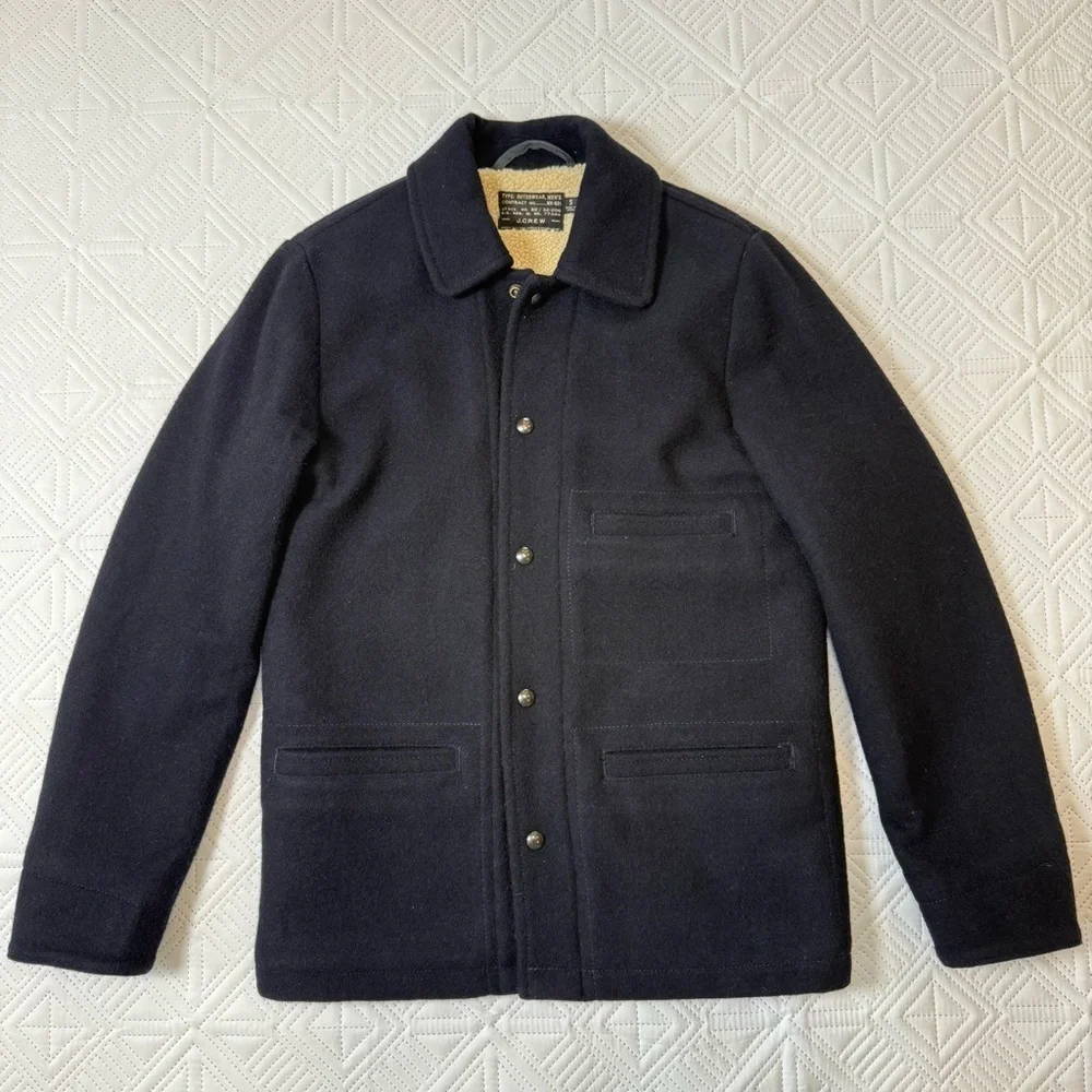 J. Crew Wool Sherpa Lined Skiff Jacket Size S Navy